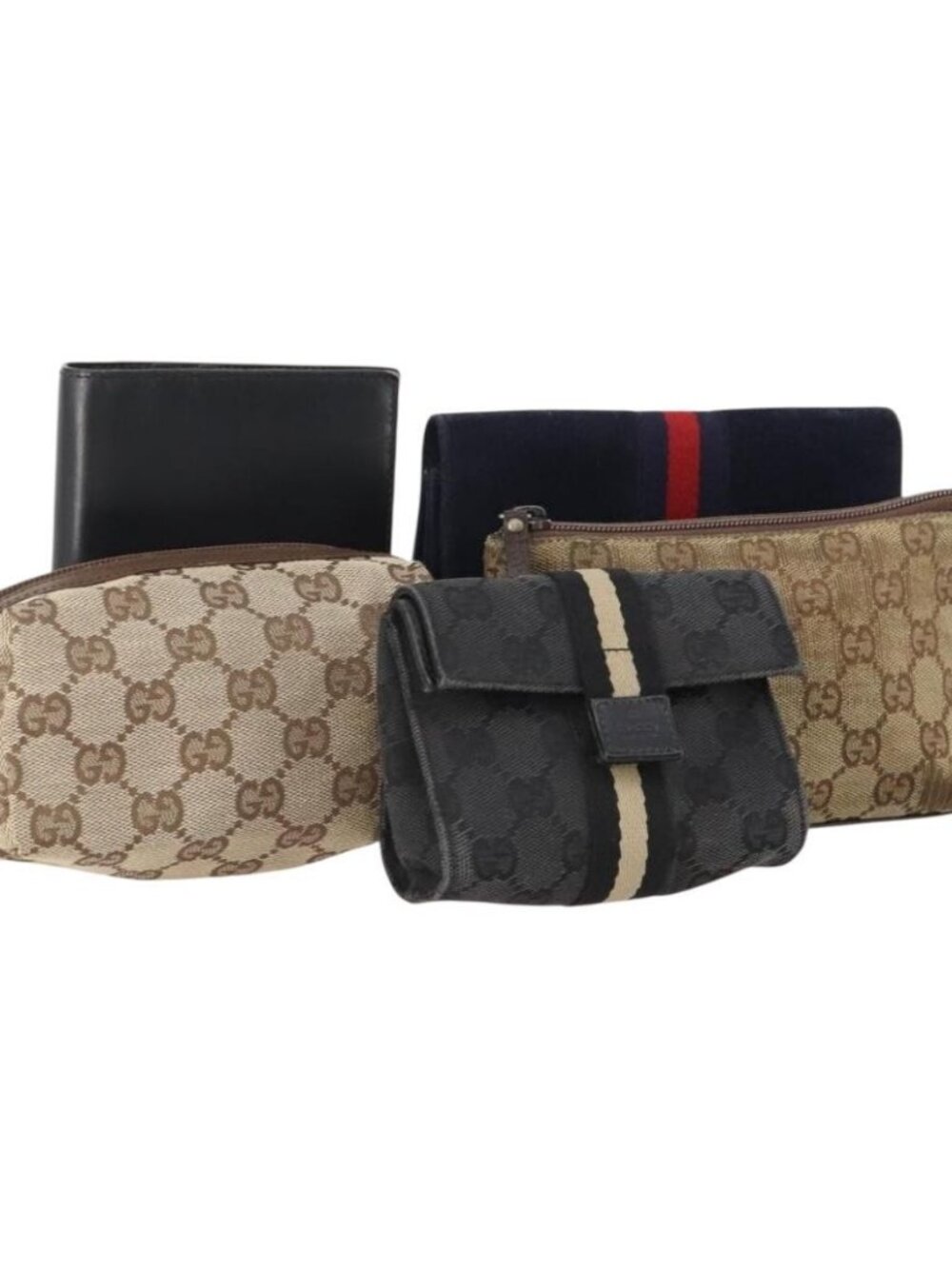 GUCCI GG Canvas Pouch Leather 5 Set Black Beige Auth 174994